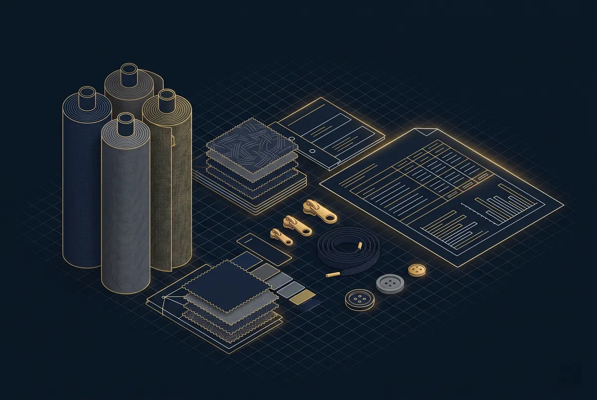 Blueprint-style isometric illustration of fabric rolls, swatches, zippers, and a costing sheet, representing the material and costing stage