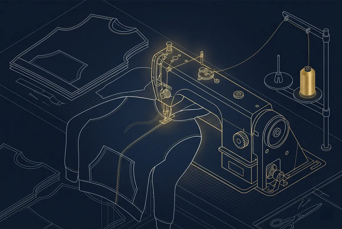 Blueprint-style isometric illustration of an industrial sewing machine stitching a hoodie panel with pattern pieces, representing the sample development stage