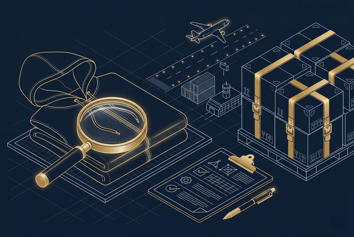 Blueprint-style isometric illustration of a folded hoodie under an inspection magnifier with export cartons and a cargo plane, representing the QC, packing, and shipping stage