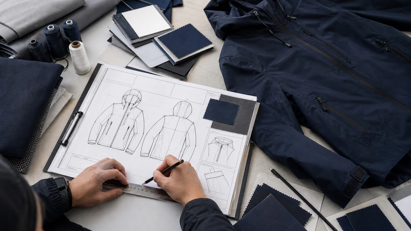 Hands reviewing a supplied garment specification