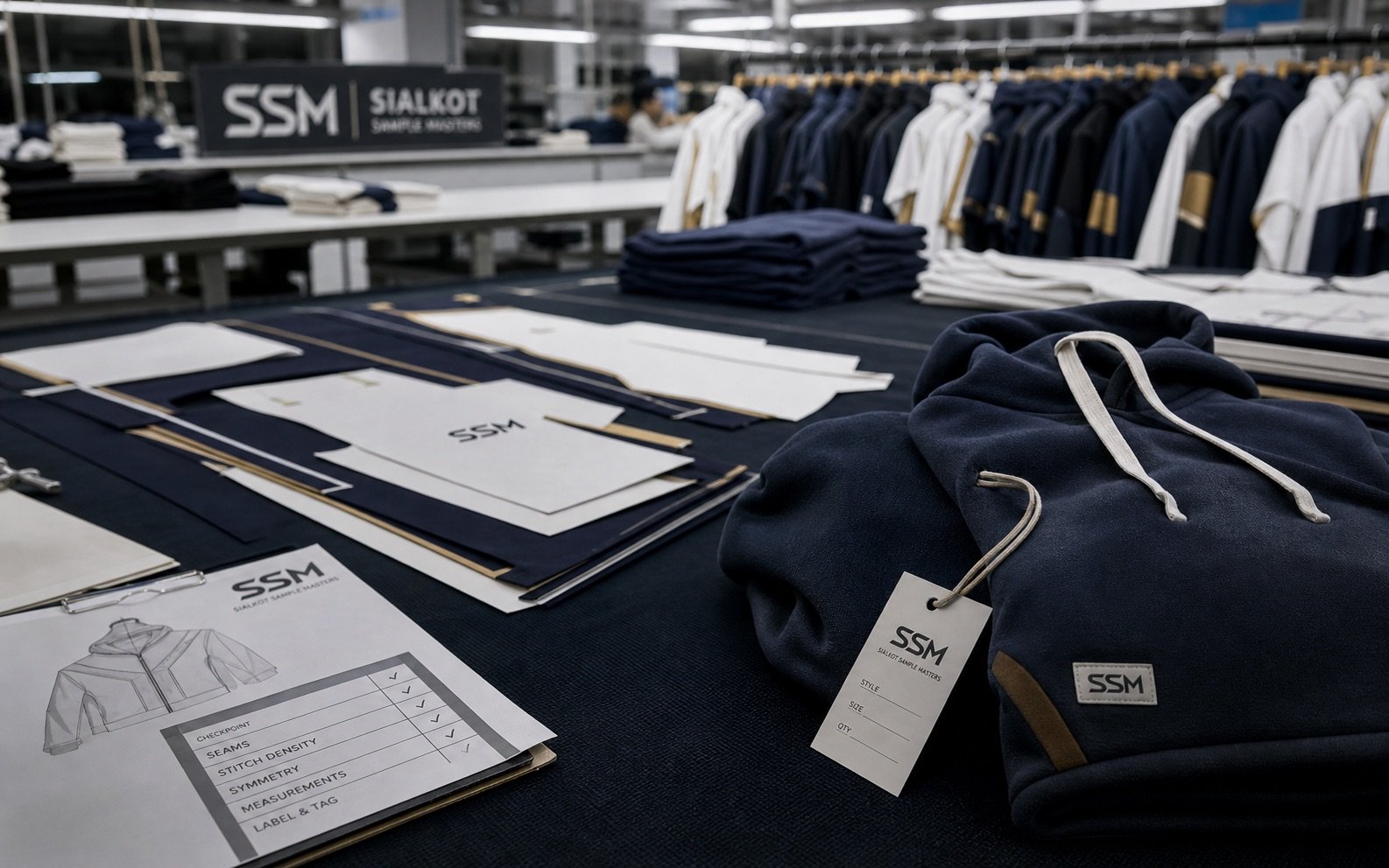 Representative Sialkot Sample Masters cut, sew, and finishing workflow with garment panels, production table, and branded sample
