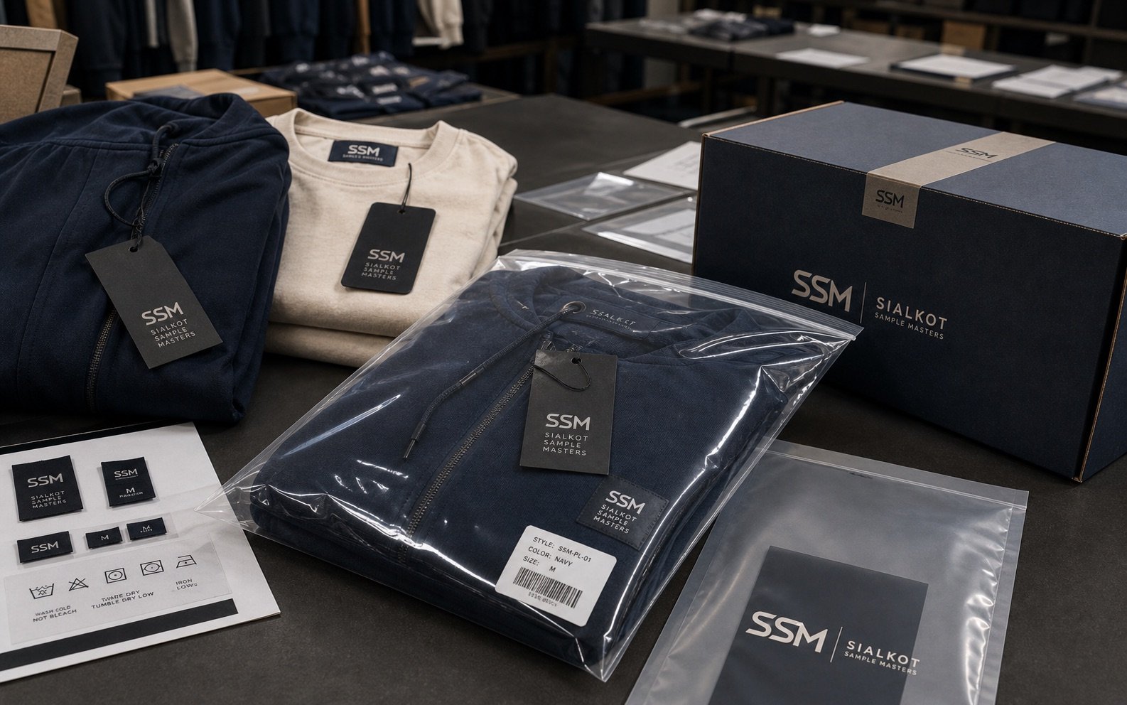 Representative Sialkot Sample Masters private label packaging setup with branded hangtags, polybags, cartons, and labels