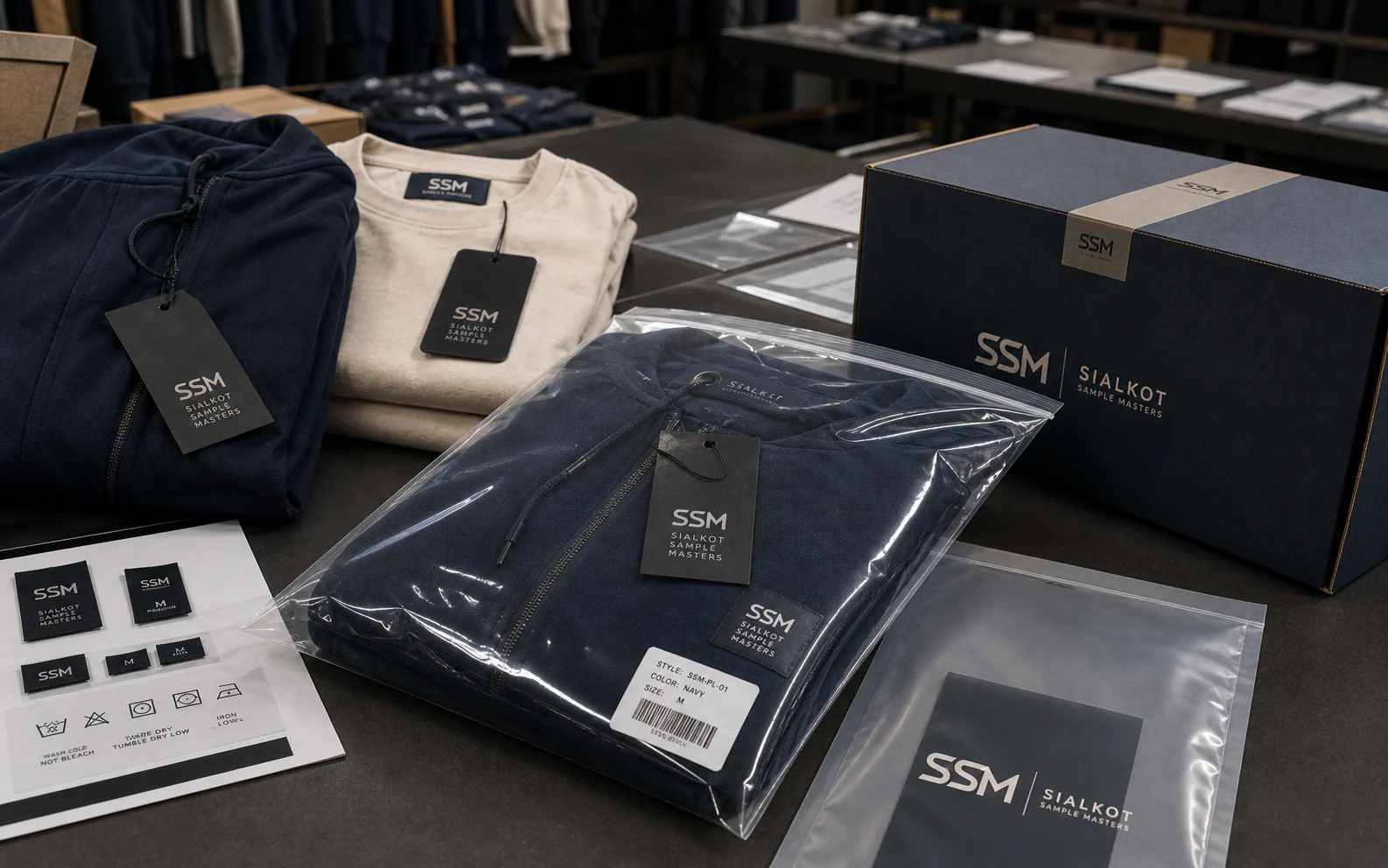 Representative Sialkot Sample Masters private label packaging setup with branded hangtags, polybags, cartons, and labels