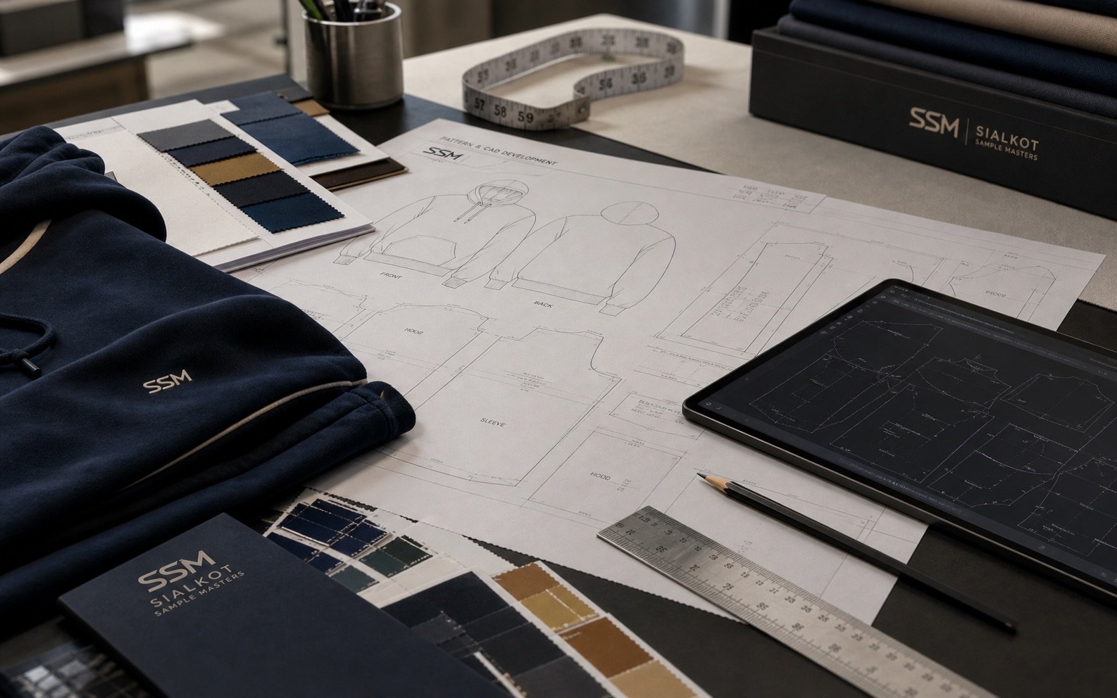 Representative Sialkot Sample Masters CAD pattern development table with branded spec sheets, hoodie sample, and fabric swatches