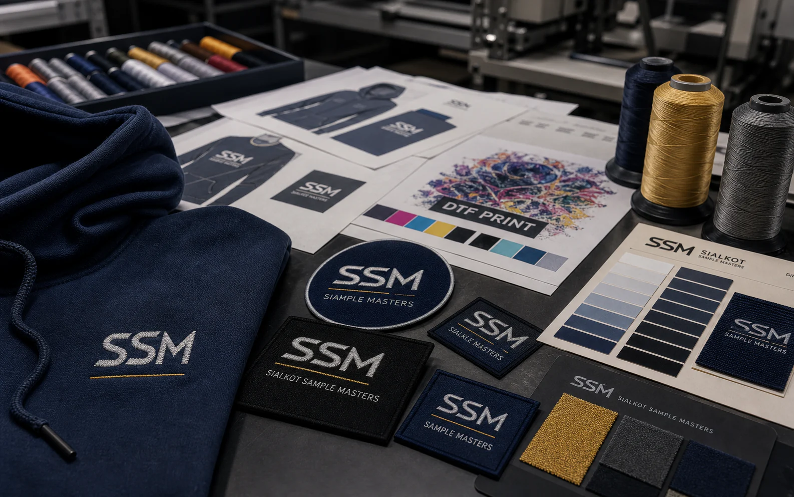 Representative Sialkot Sample Masters print, embroidery, and patch development table with branded embroidered samples