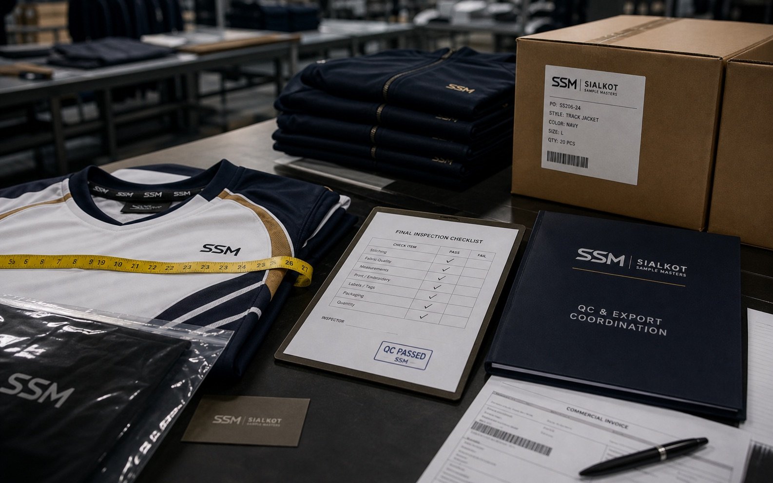 Representative Sialkot Sample Masters QC and export coordination table with inspection checklist, measuring tape, carton labels, and documents