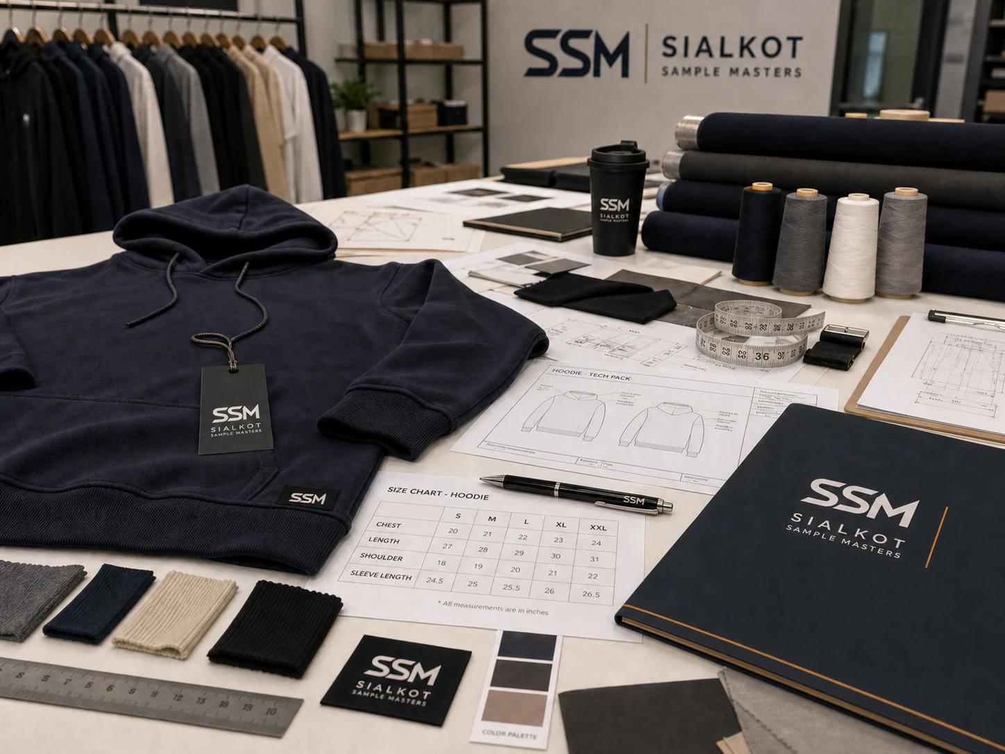 Representative Sialkot Sample Masters sample-development table with branded hoodie, fabric swatches, size chart, and tech pack