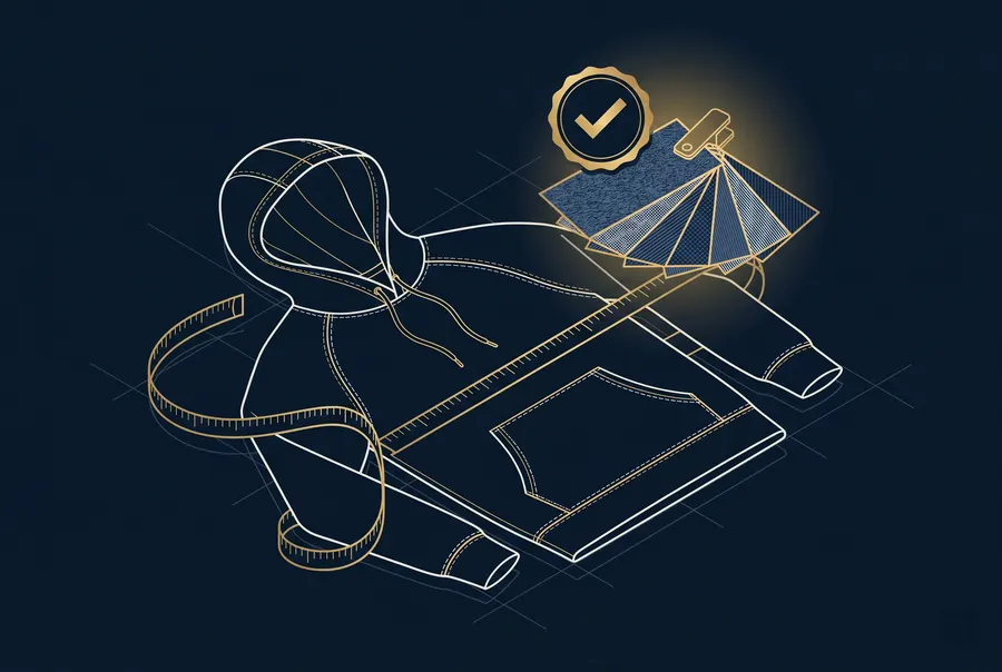Blueprint-style isometric illustration of a sample hoodie with measuring tape, fabric swatches, and an approval checkmark, representing a sample-first manufacturing workflow