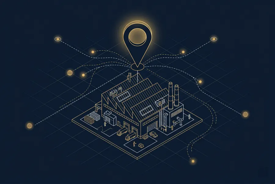 Blueprint-style isometric illustration of a factory building with a location pin and export route lines, representing the Sialkot Pakistan manufacturing hub