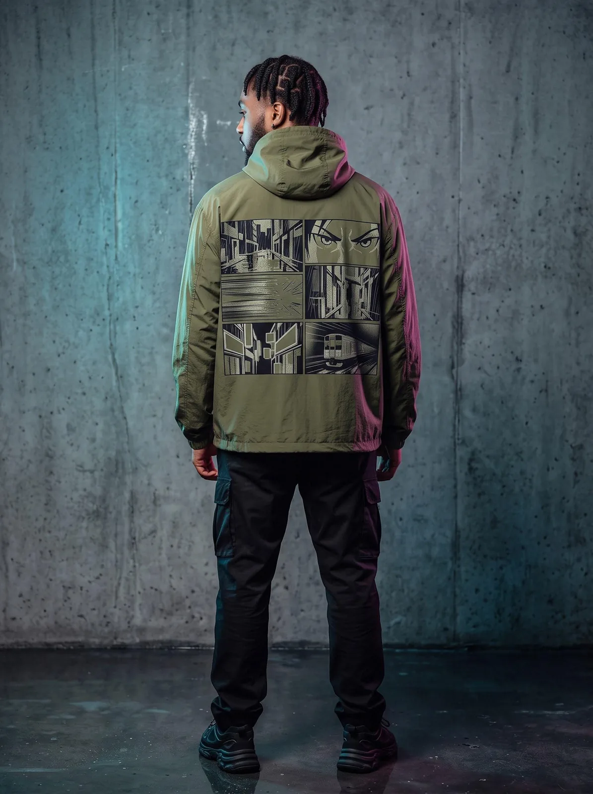 Olive Anime Windbreaker, Custom OEM Oversized Nylon Jacket, Unisex Streetwear Manufacturer — back view