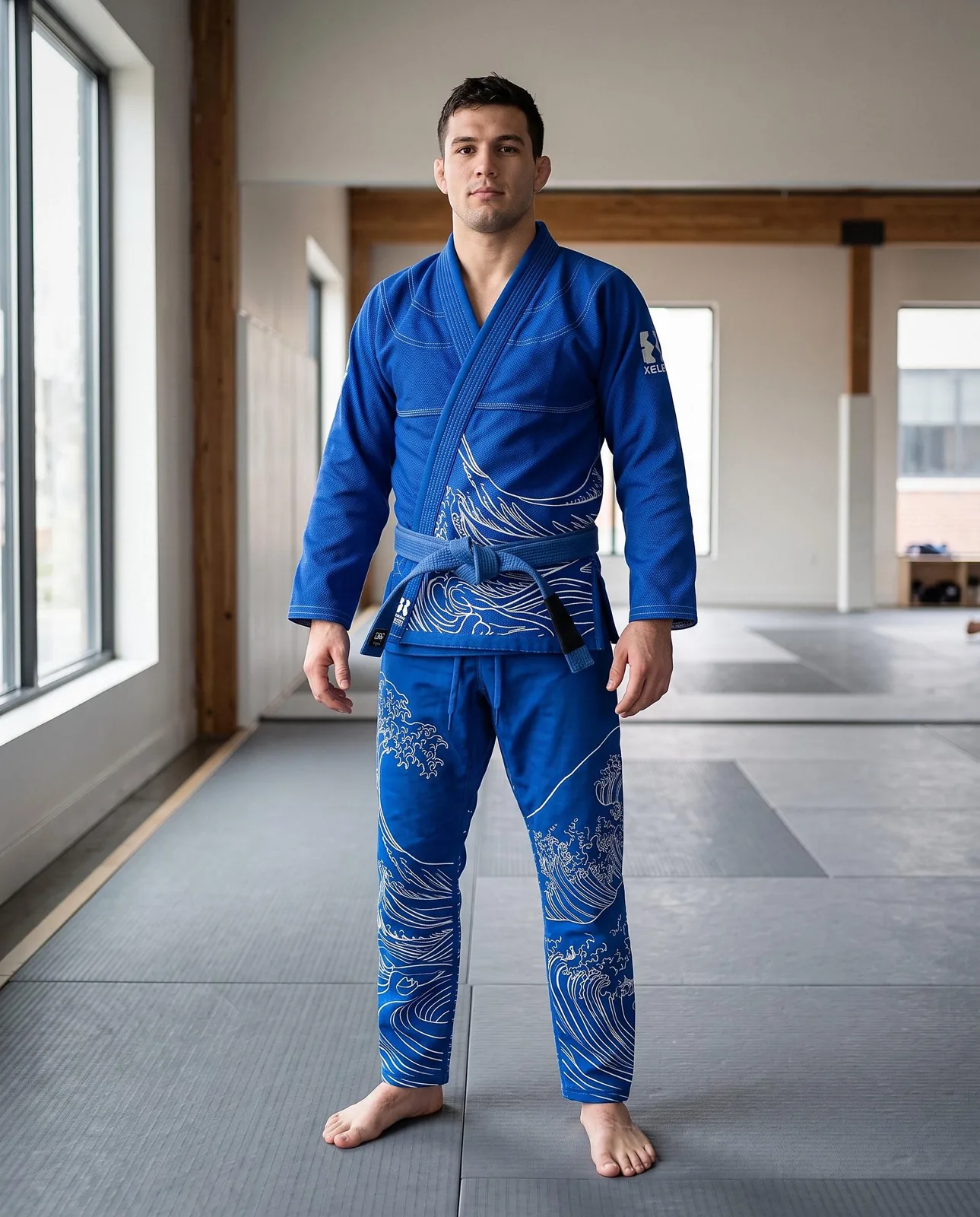 Blue Wave BJJ Gi and No Gi Set, Custom OEM Embroidered Gi plus Sublimated Rashguard and Spats, Wholesale — back view
