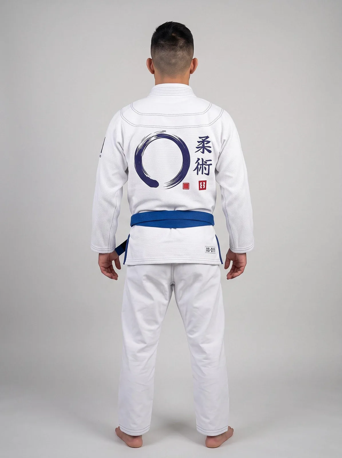 White BJJ Gi, Japanese Enso Kanji Embroidery, Custom OEM 450 GSM Pearl Weave Jiu Jitsu Kimono, Wholesale Manufacturer — back view