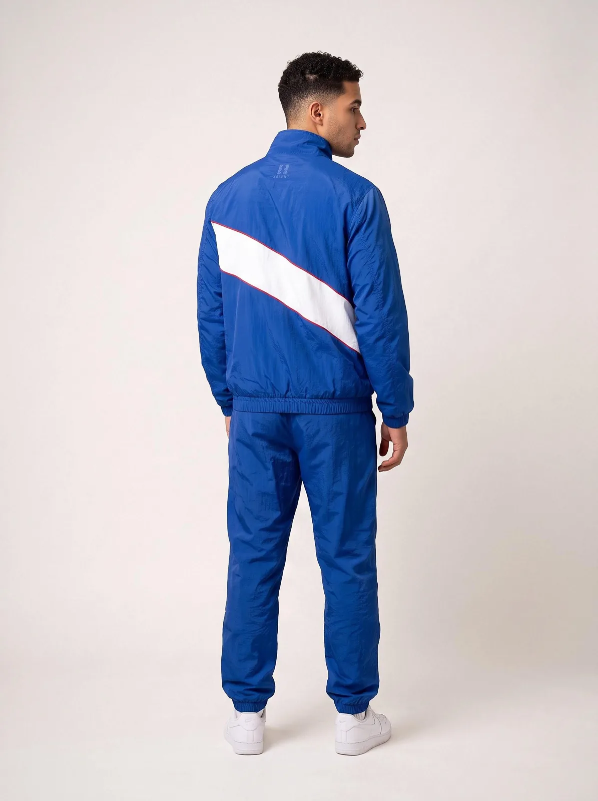 Cobalt Blue and White Windbreaker Set, Custom Logo OEM Nylon Jacket and Pants Tracksuit, Unisex Manufacturer — back view