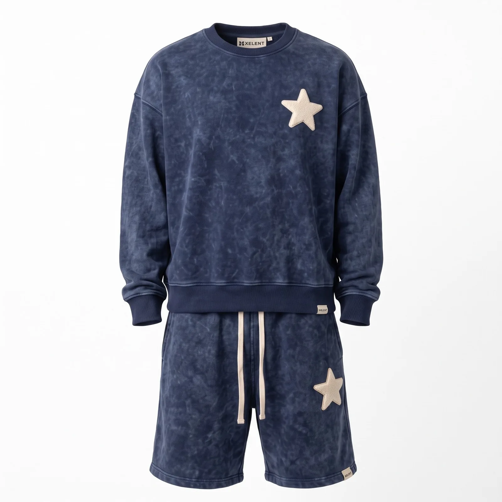 Custom Acid Wash Sweatsuit Crewneck and Fleece Shorts Set 380 GSM Chenille Star Streetwear OEM Wholesale — front view