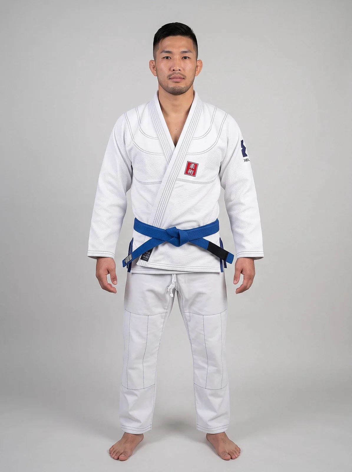 White BJJ Gi, Japanese Enso Kanji Embroidery, Custom OEM 450 GSM Pearl Weave Jiu Jitsu Kimono, Wholesale Manufacturer — front view