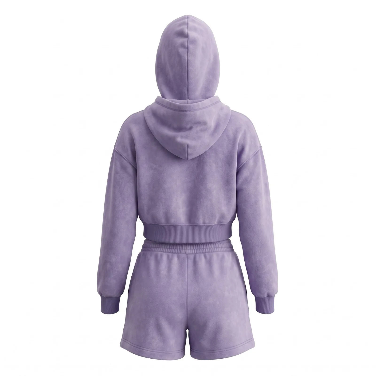 Custom Women Cropped Hoodie and Shorts Set Stone Wash Pastel 360 GSM Fleece Chenille Streetwear OEM Wholesale — back view