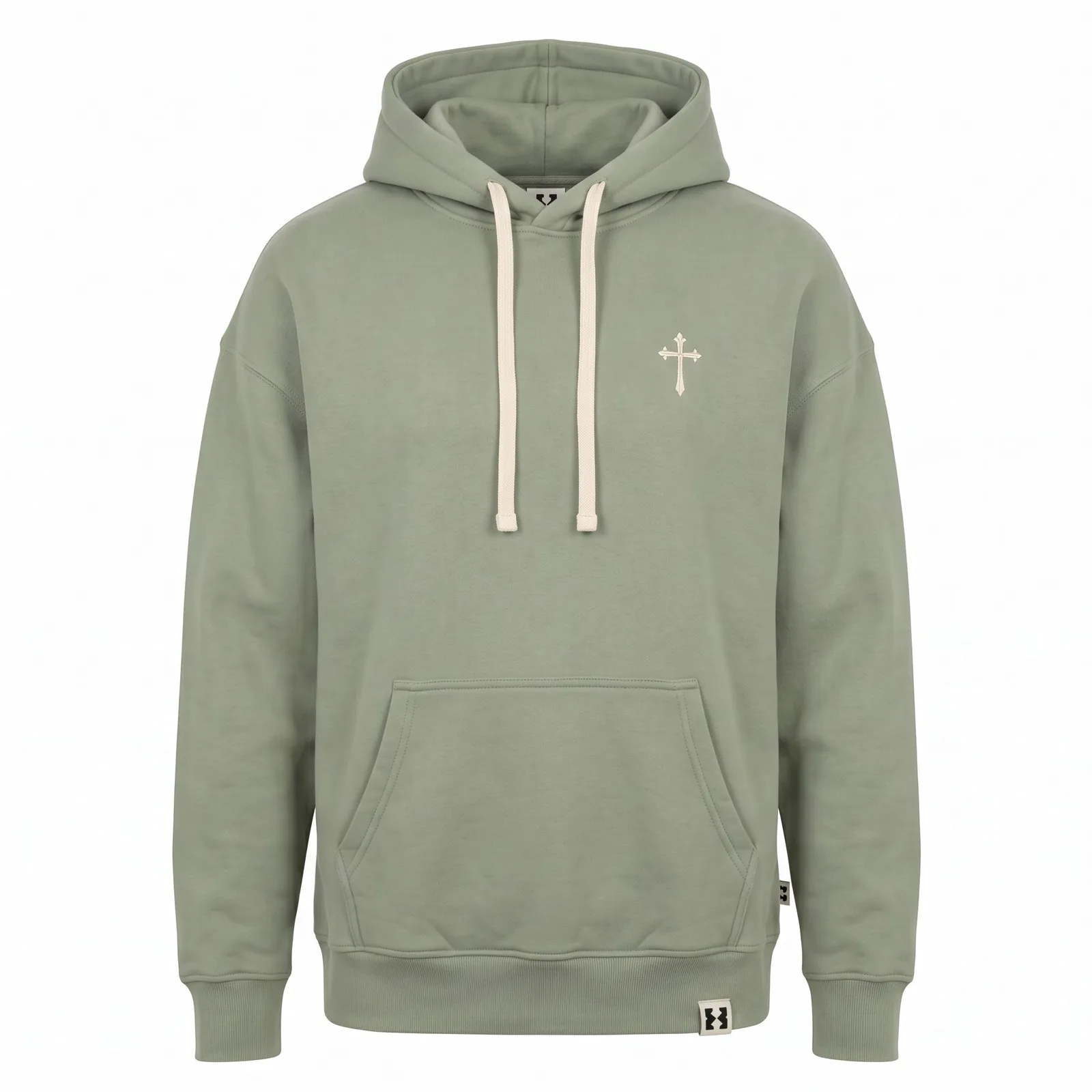 Custom Faith Hoodie 380 GSM Washed Sage Fleece Embroidered Cross Olive Branch Church Hoodie OEM Wholesale — front view