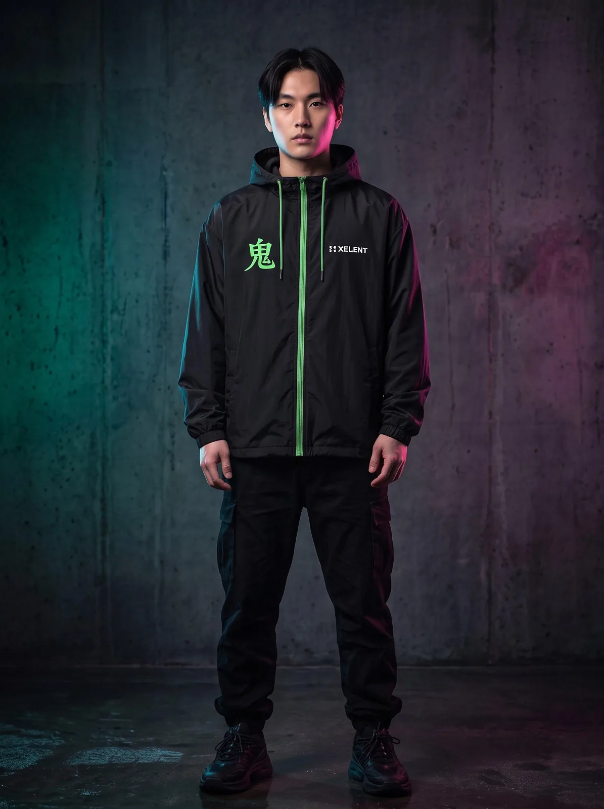 Black Cyberpunk Windbreaker, Custom OEM Oversized Nylon Jacket, Unisex Streetwear Manufacturer — front view