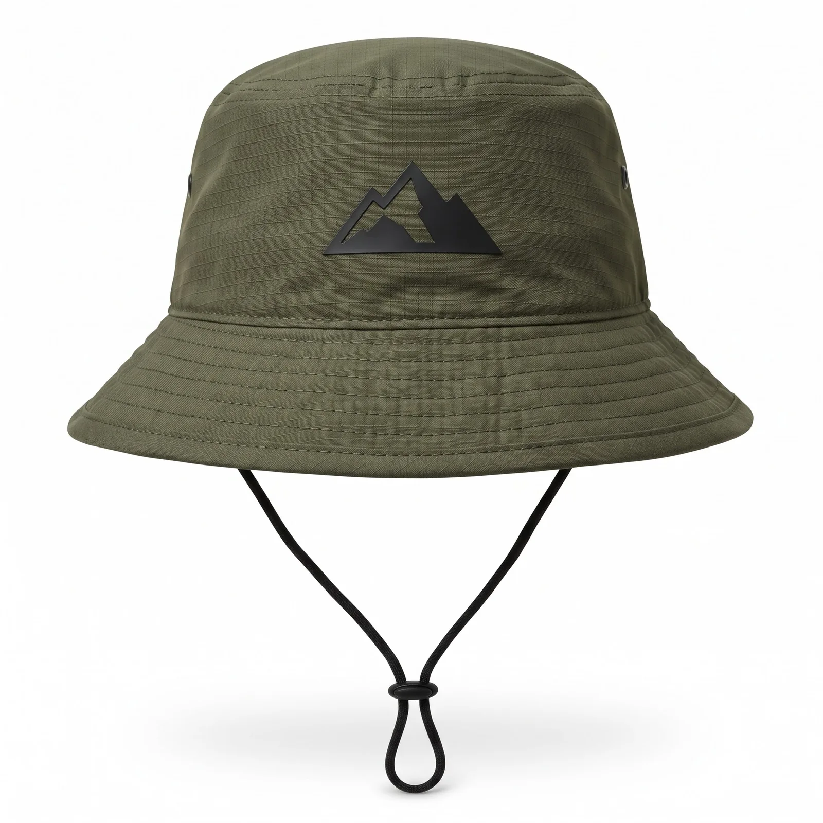 Custom Bucket Hat Nylon Ripstop Chin Cord Metal Eyelets Heat Transfer Emblem Outdoor Hat OEM Wholesale — front view