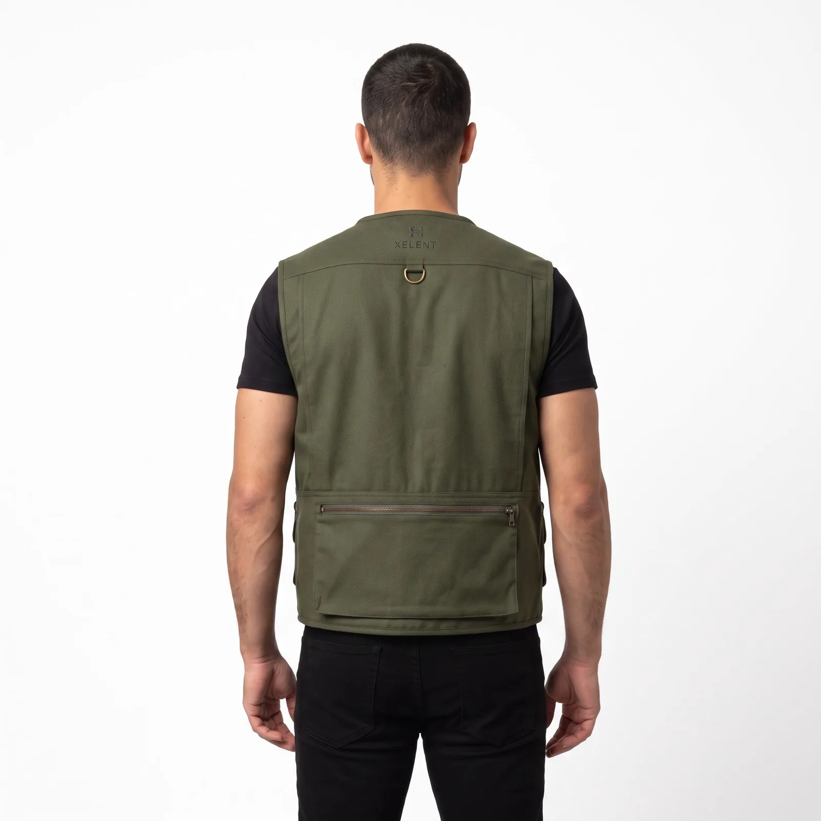 Wool-Cotton Fly-Fishing Vest Zip Pockets Embroidered Custom Logo OEM Wholesale — back view