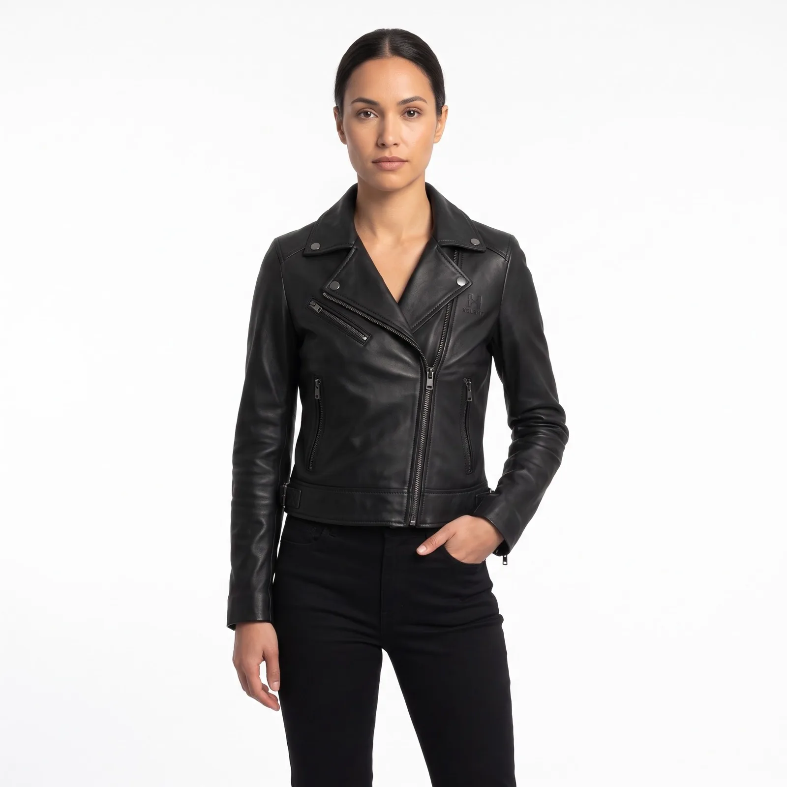 Women Leather Jacket Cropped Biker Genuine Lambskin Asymmetric Zip Moto Jacket Custom Logo OEM Wholesale — front view