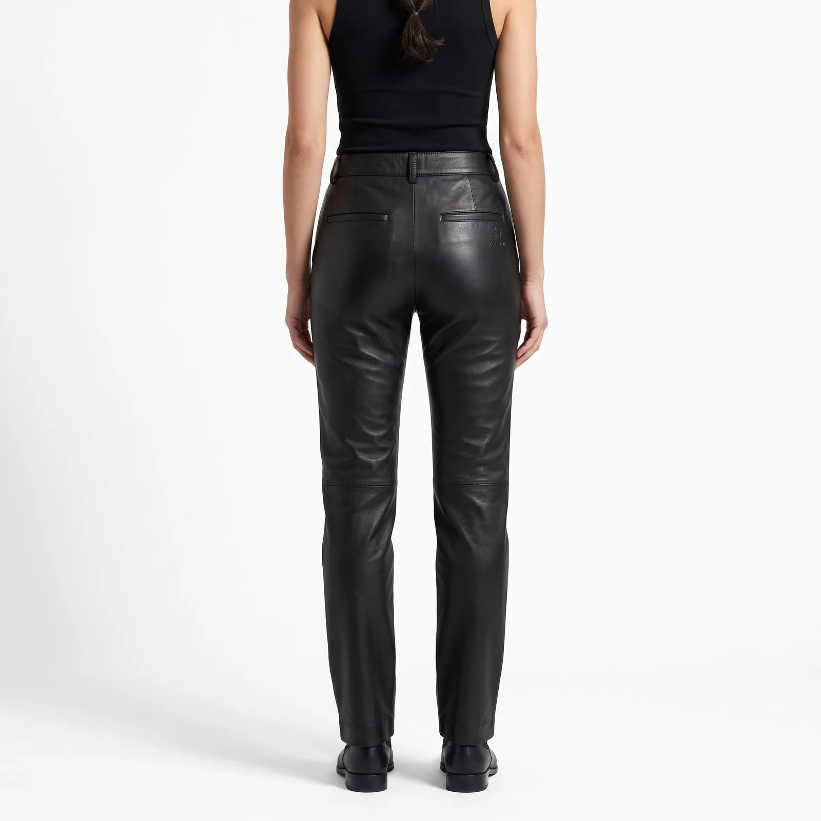 Leather Pants Women Straight Leg Genuine Lambskin High Rise Pressed Crease Trousers Custom Logo OEM Wholesale — back view