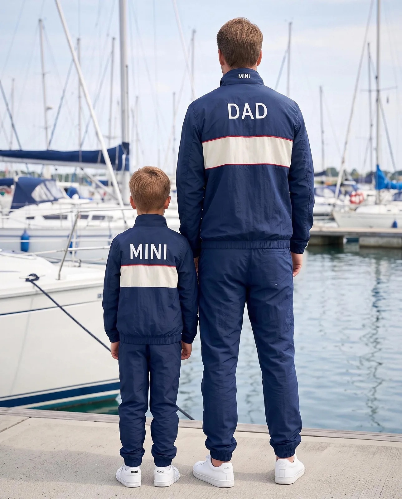 Navy and White Father Son Matching Windbreaker Set, Custom OEM Family Matching Tracksuit, Wholesale Manufacturer — back view