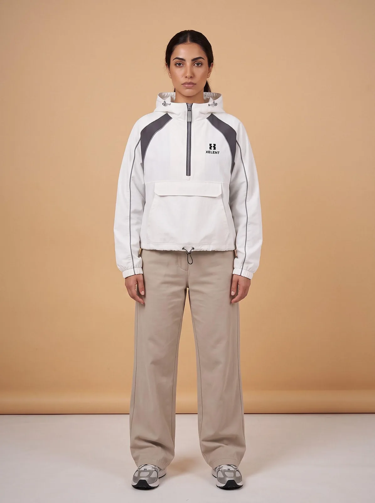 Soft White and Charcoal Cropped Anorak, Custom Logo OEM Ripstop Anorak, Unisex Streetwear Factory — front view