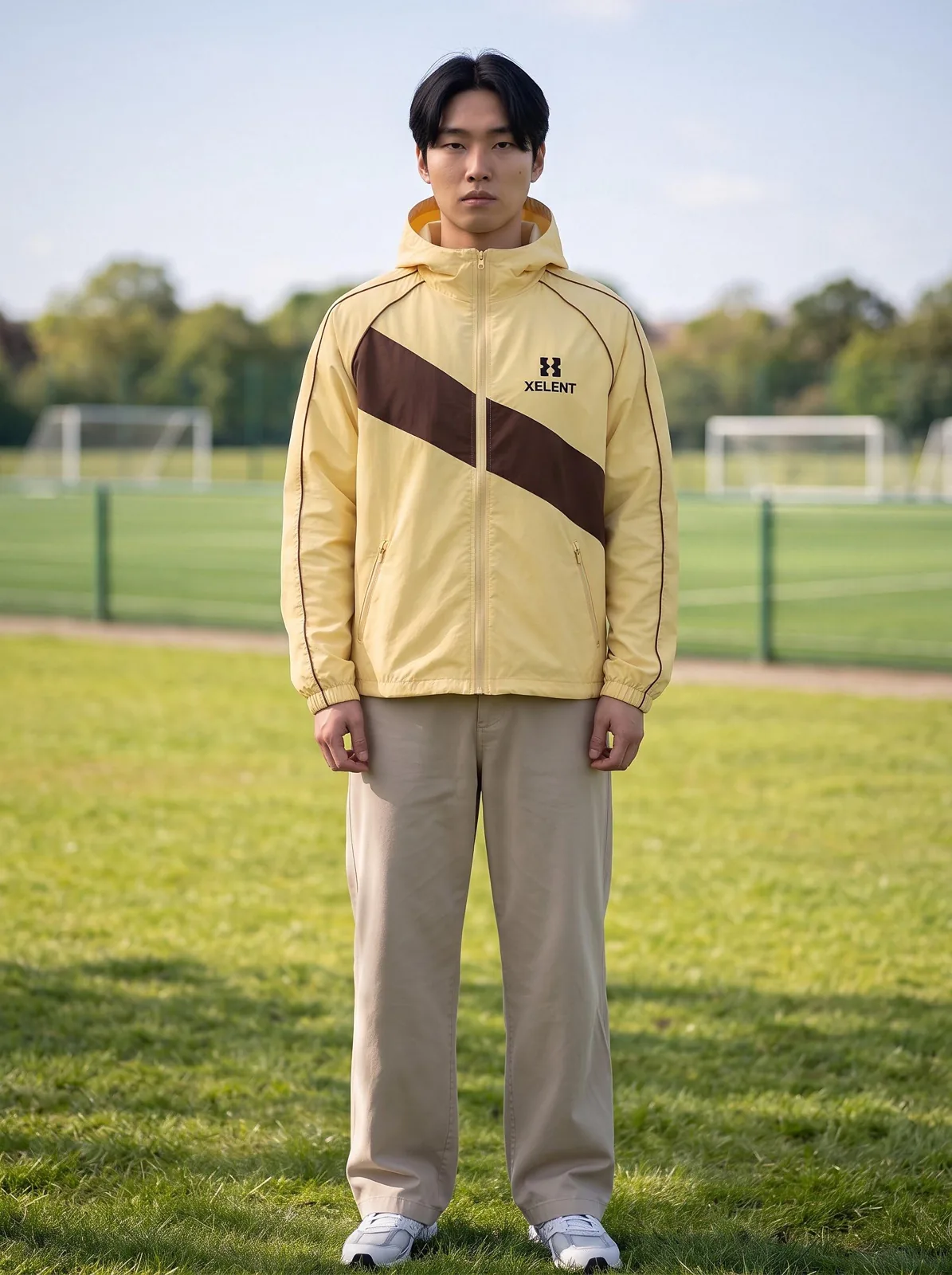 Butter Yellow and Chocolate Brown Hooded Anorak, Custom Logo OEM Ripstop Anorak, Unisex Streetwear Factory — front view