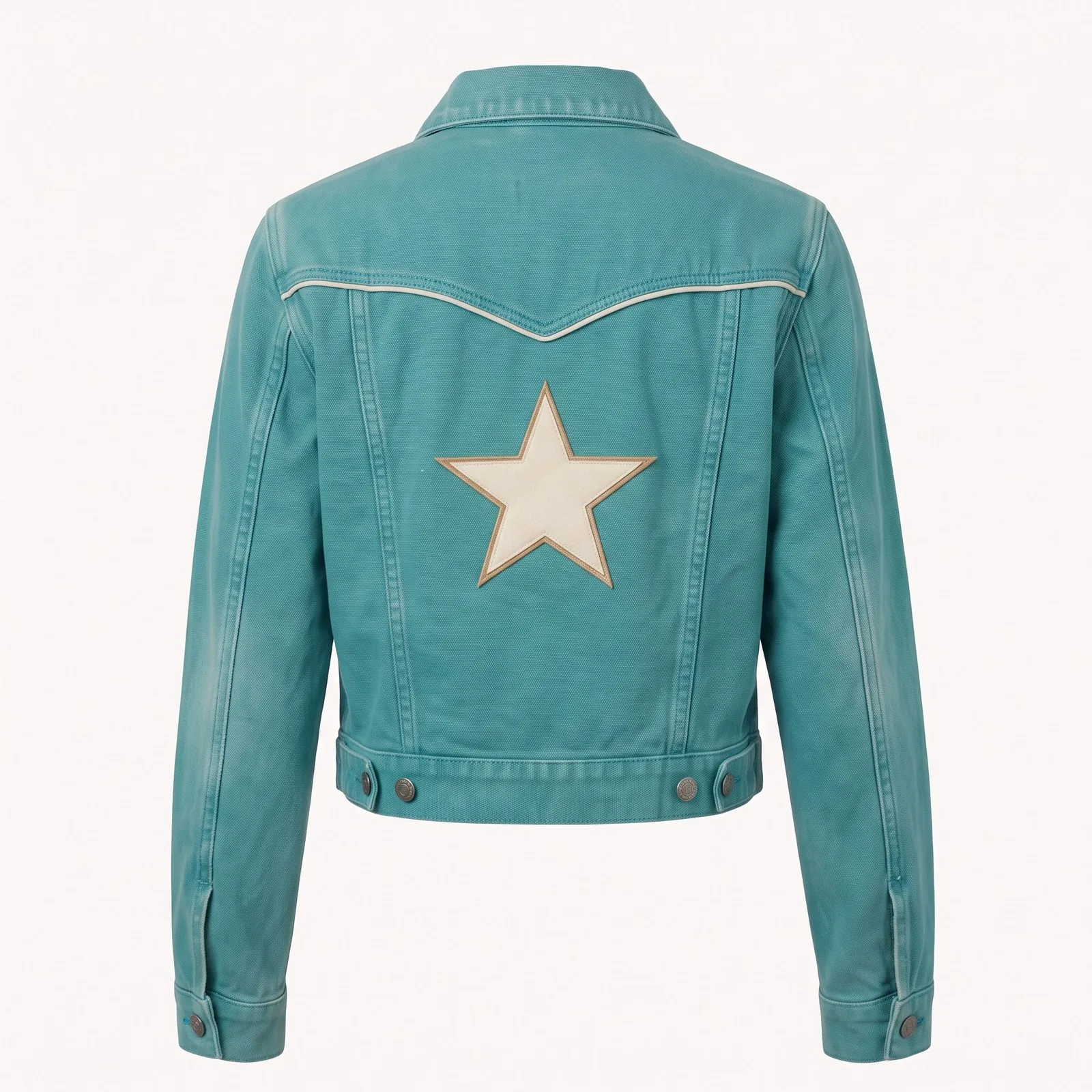 Custom Women Cropped Trucker Jacket Washed Duck Canvas Piped Yoke Felt Star Western Jacket OEM Wholesale — back view