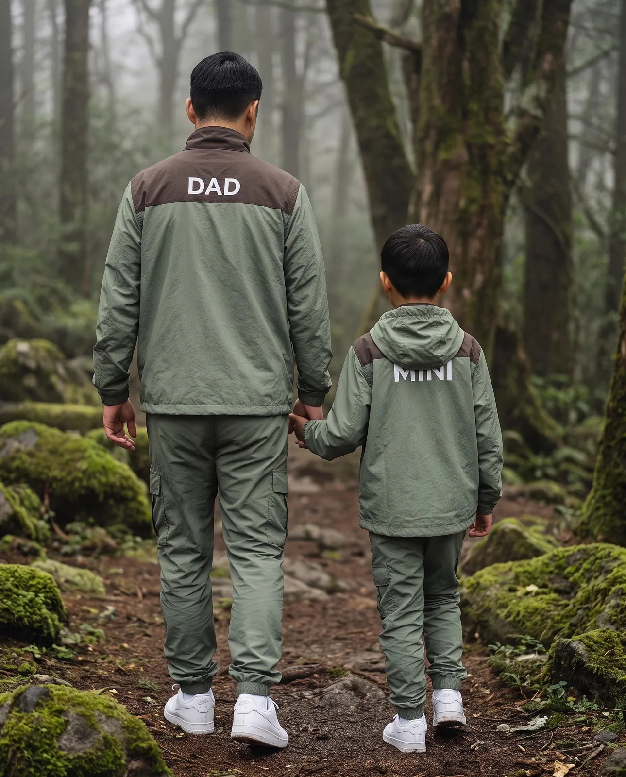Sage and Brown Father Son Matching Windbreaker Set, Custom OEM Family Matching Tracksuit, Wholesale Manufacturer — back view