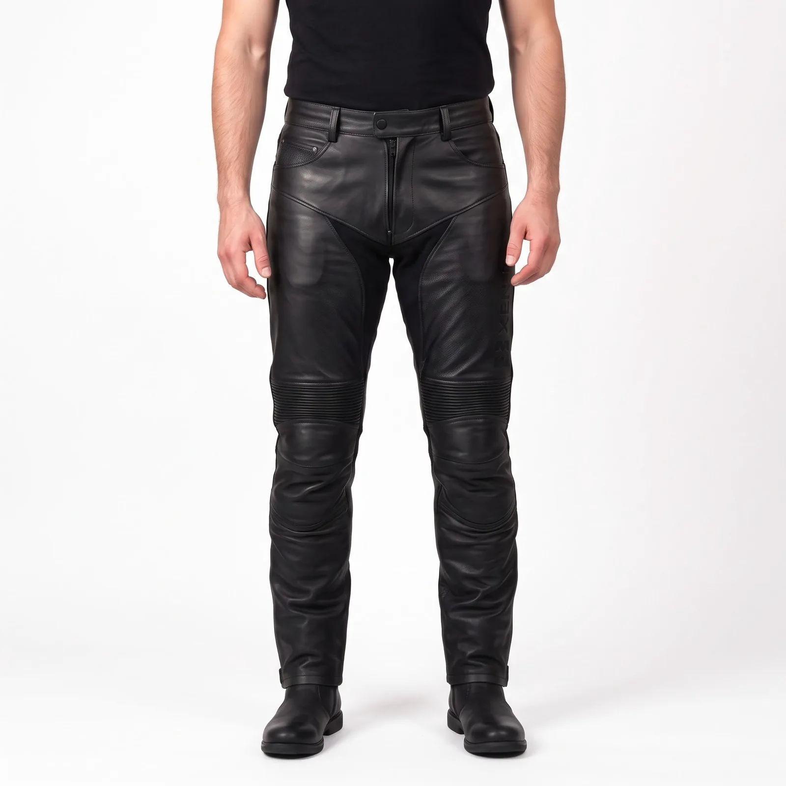 Leather Motorcycle Pants Men Cowhide Accordion Stretch Knees Perforated Calf Zips Riding Pants Custom Logo OEM — front view