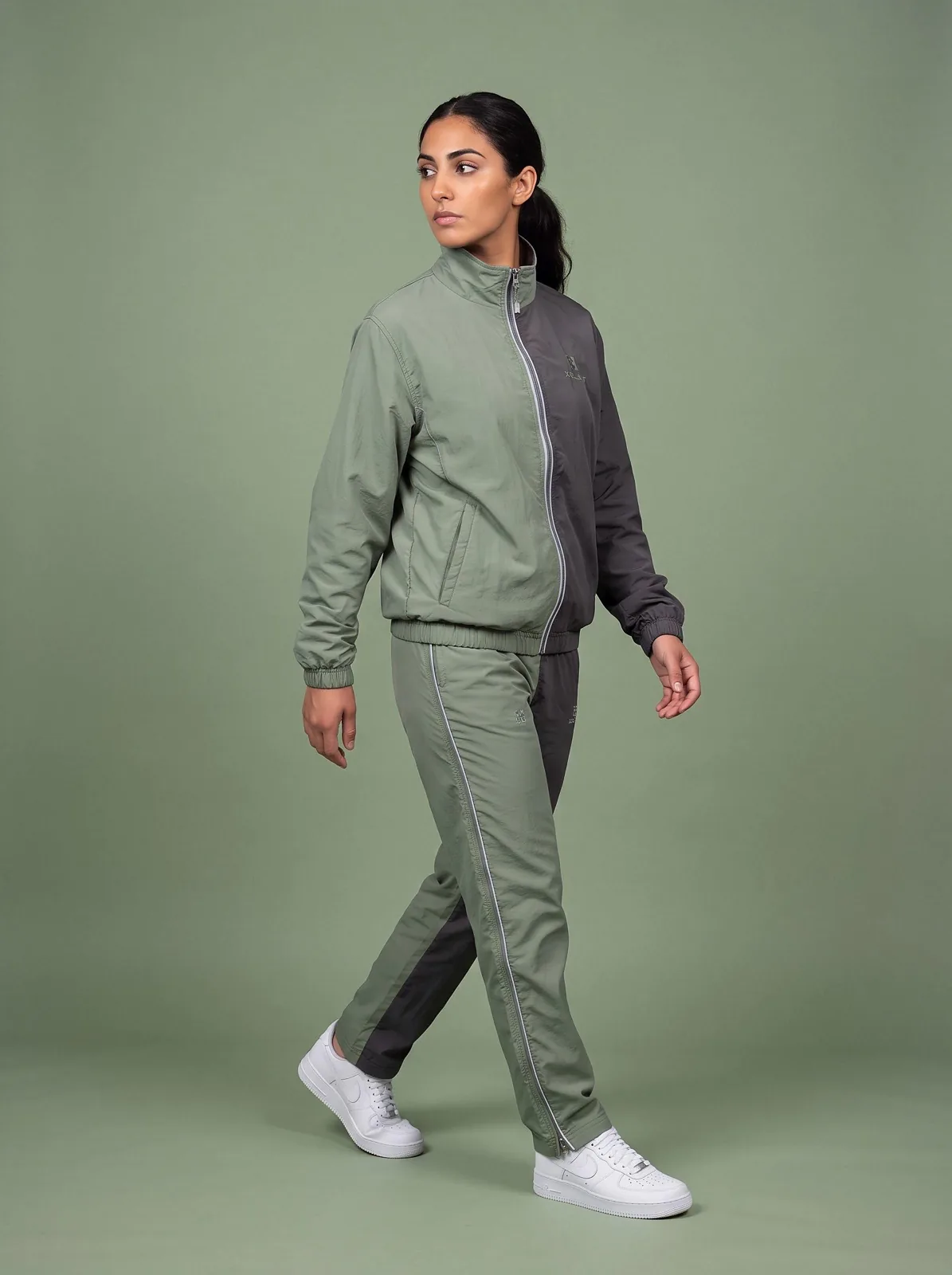 Sage and Charcoal Windbreaker Set, Custom Logo OEM Nylon Jacket and Pants Tracksuit, Unisex Manufacturer — back view