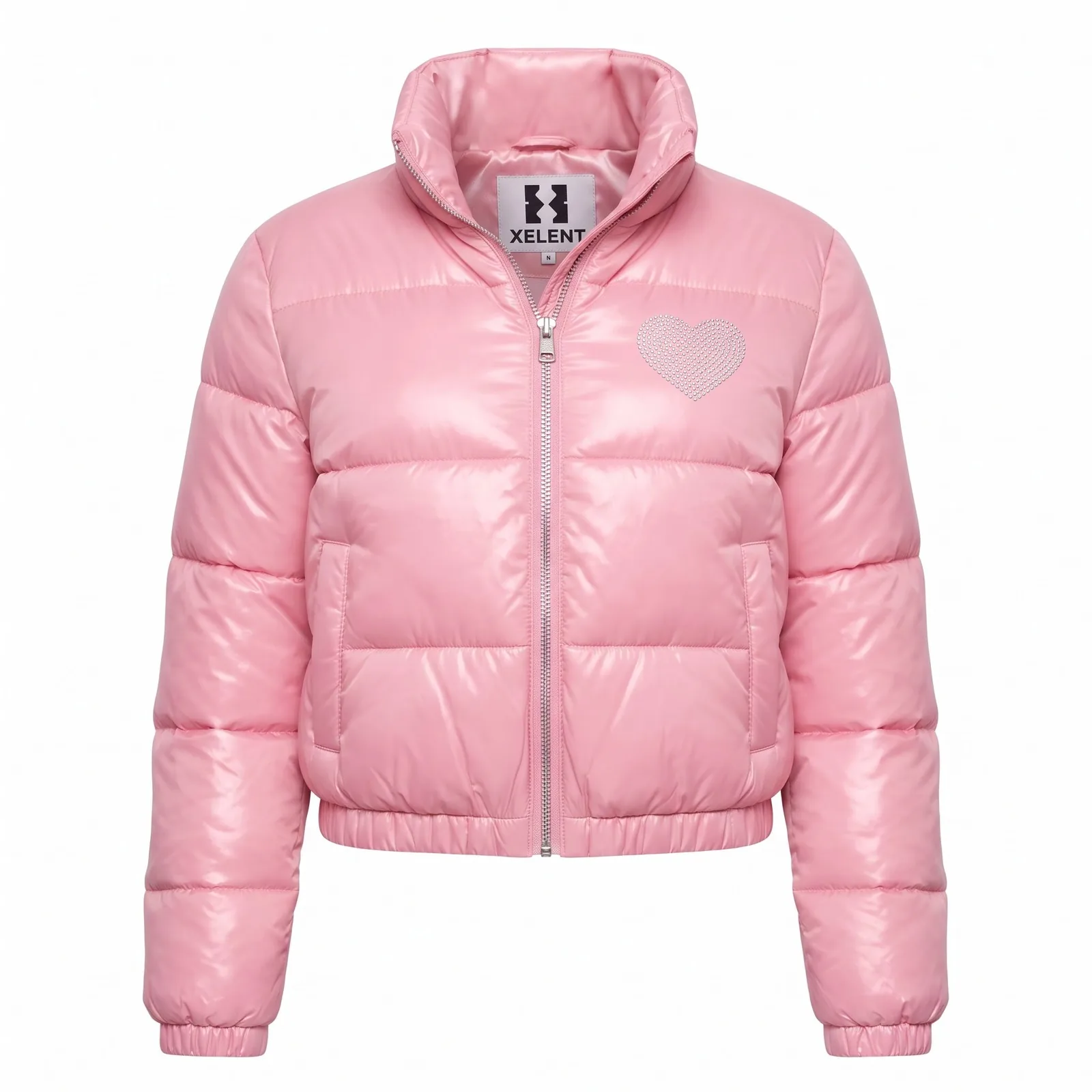 Custom Women Cropped Puffer Jacket Glossy Nylon Quilted Rhinestone Heart Satin Lined Y2K OEM Wholesale — front view