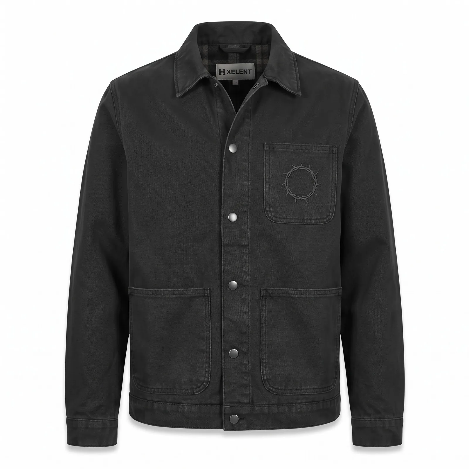 Custom Black Duck Canvas Work Jacket Vintage Washed Snap Front Flannel Lined Chore Jacket OEM Wholesale — front view