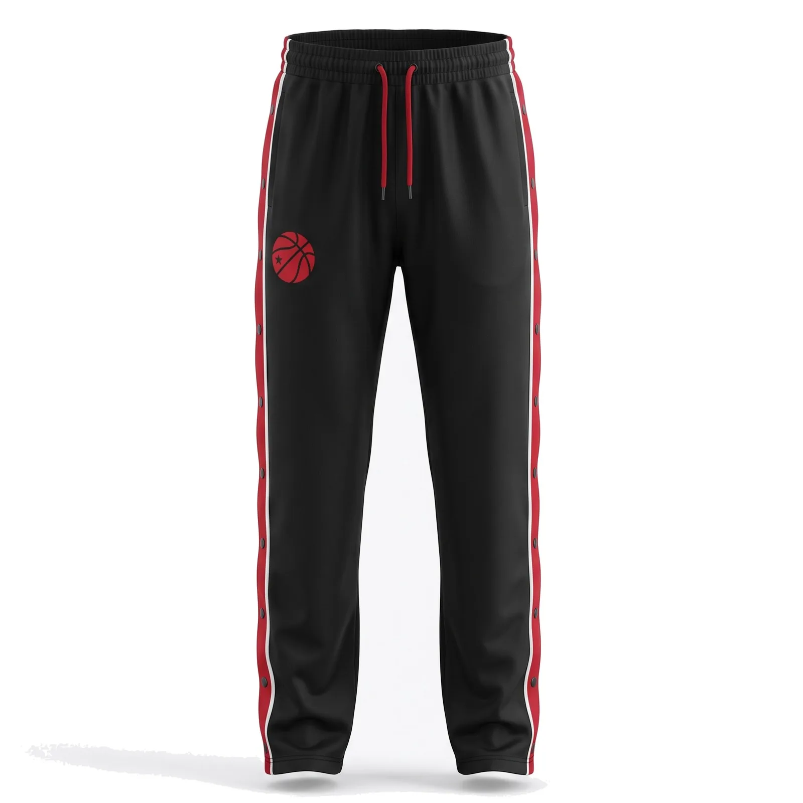 Custom Tear Away Pants Snap Side Basketball Warm Up Pants Polyester Tricot Side Stripe OEM Wholesale — front view