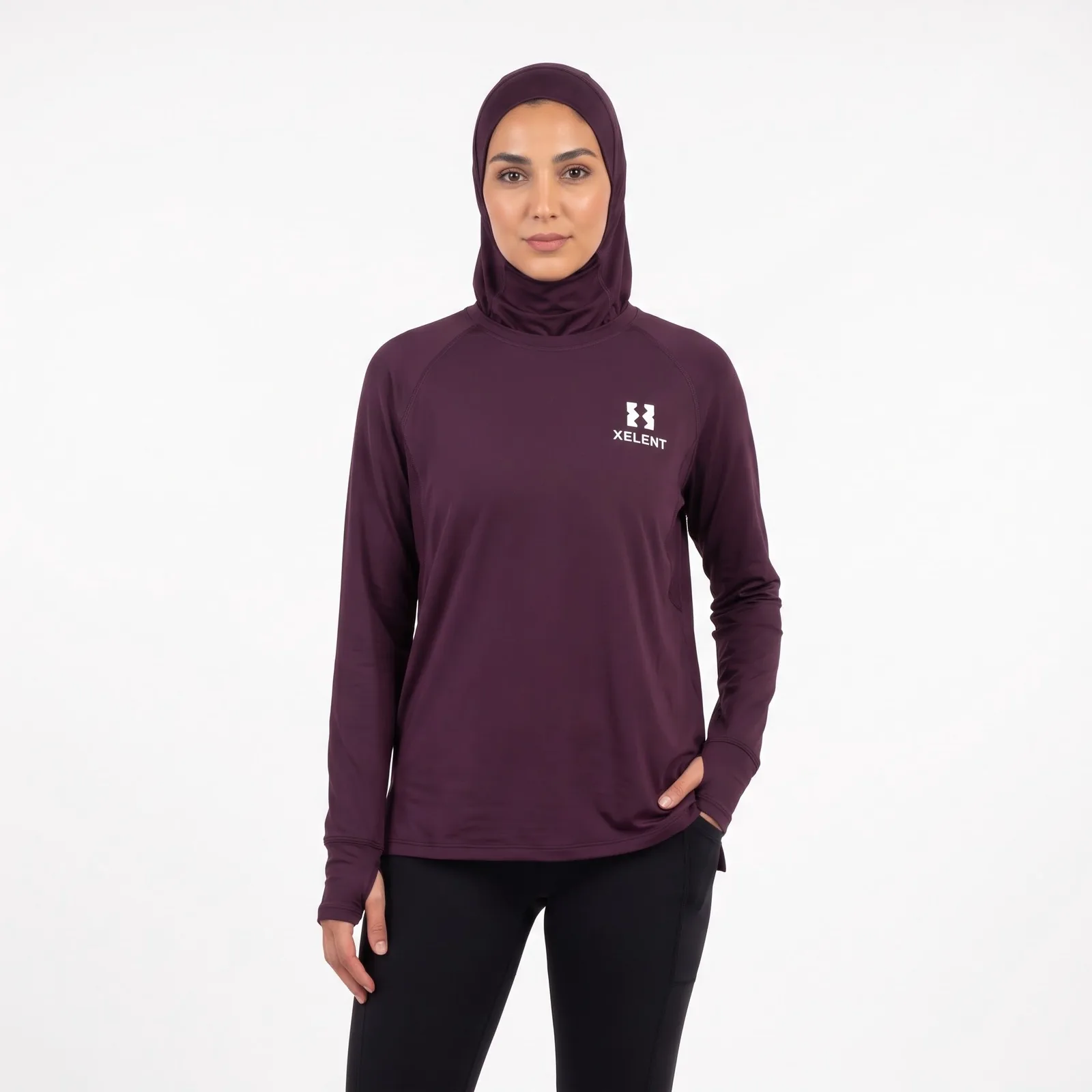 Modest Long-Sleeve Sport Top with Integrated Hijab Polyester Spandex Custom Logo OEM Wholesale — front view