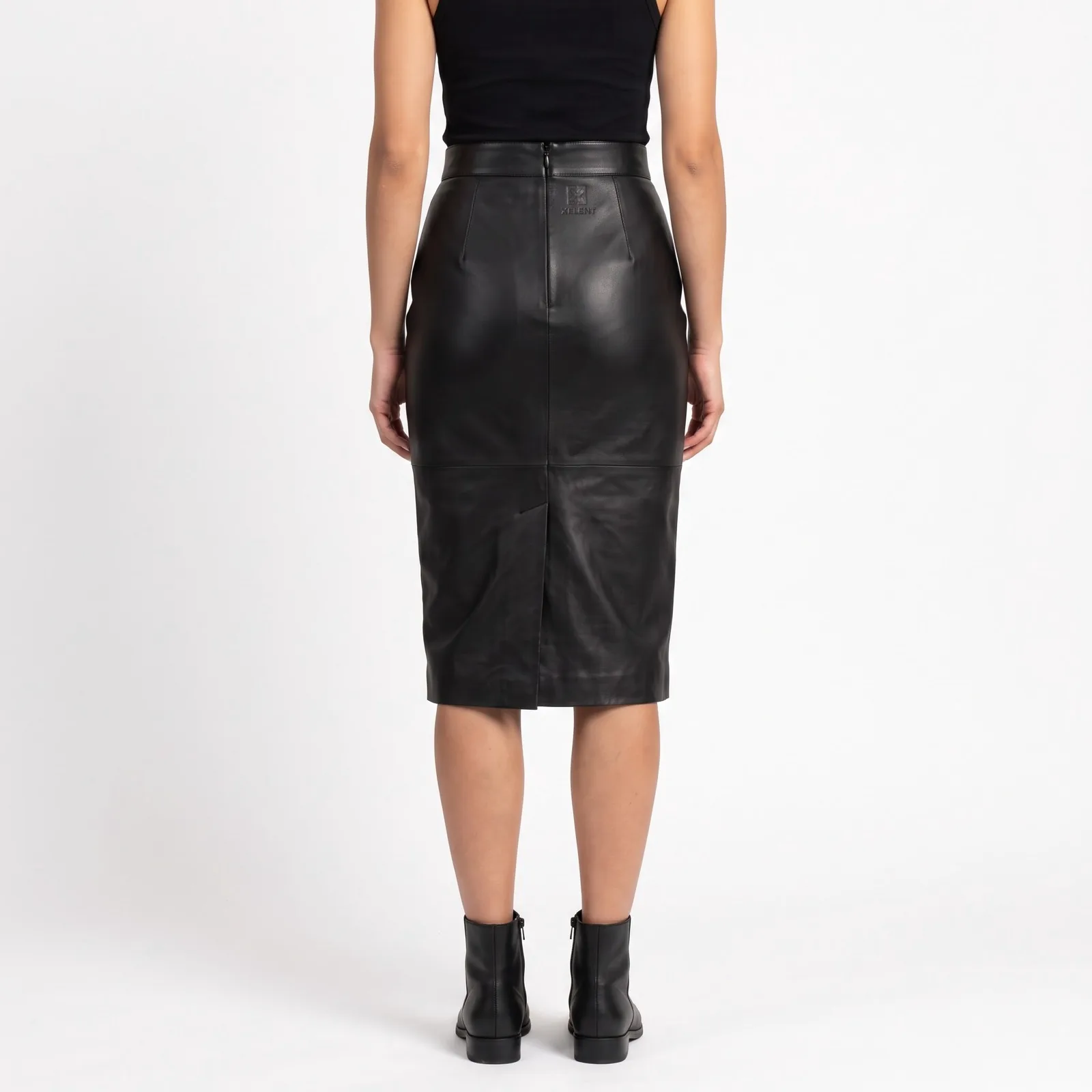 Leather Skirt Women Pencil Midi Genuine Lambskin High Waist Back Vent Custom Logo OEM Wholesale — back view