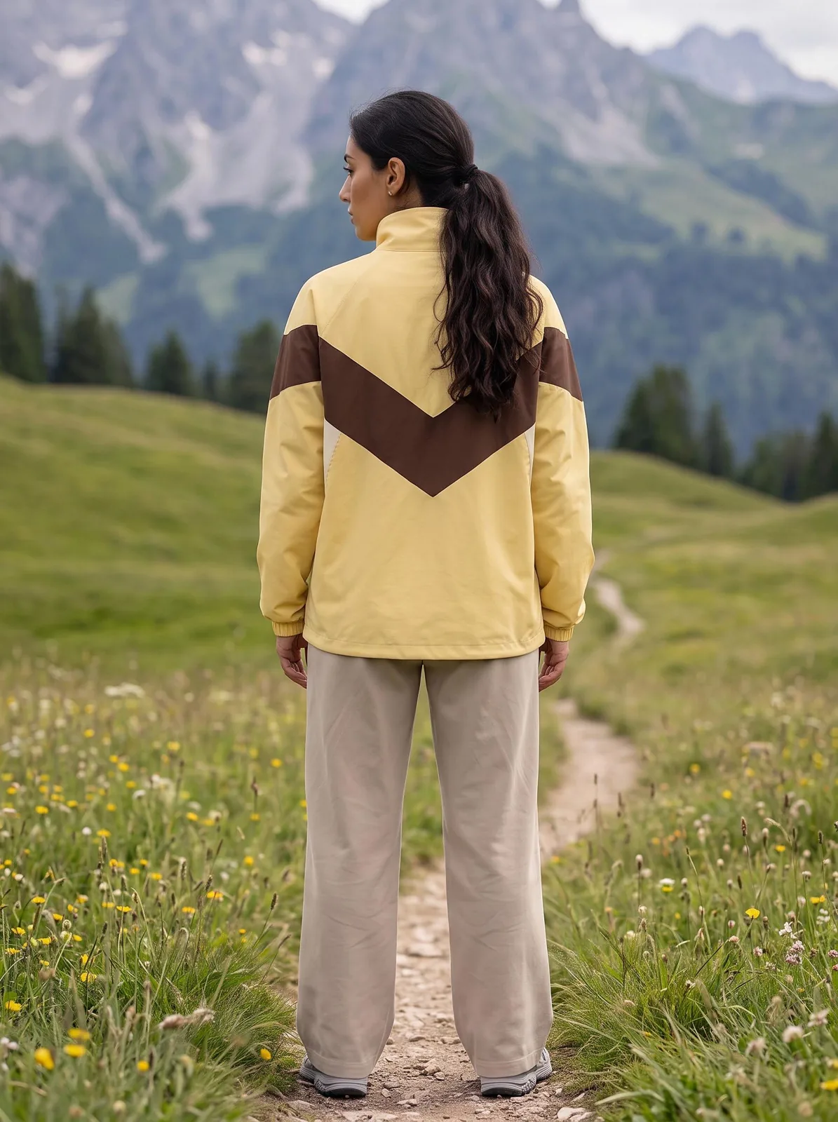 Butter Yellow and Chocolate Brown Funnel Neck Anorak, Custom Logo OEM Ripstop Anorak, Unisex Streetwear Factory — back view