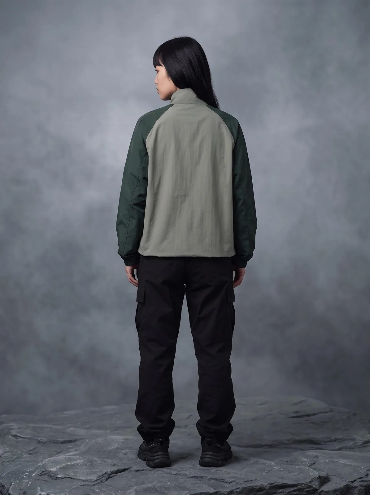 Lichen Green Gorpcore Jacket, Custom OEM Oversized Nylon Jacket, Unisex Streetwear Manufacturer — back view