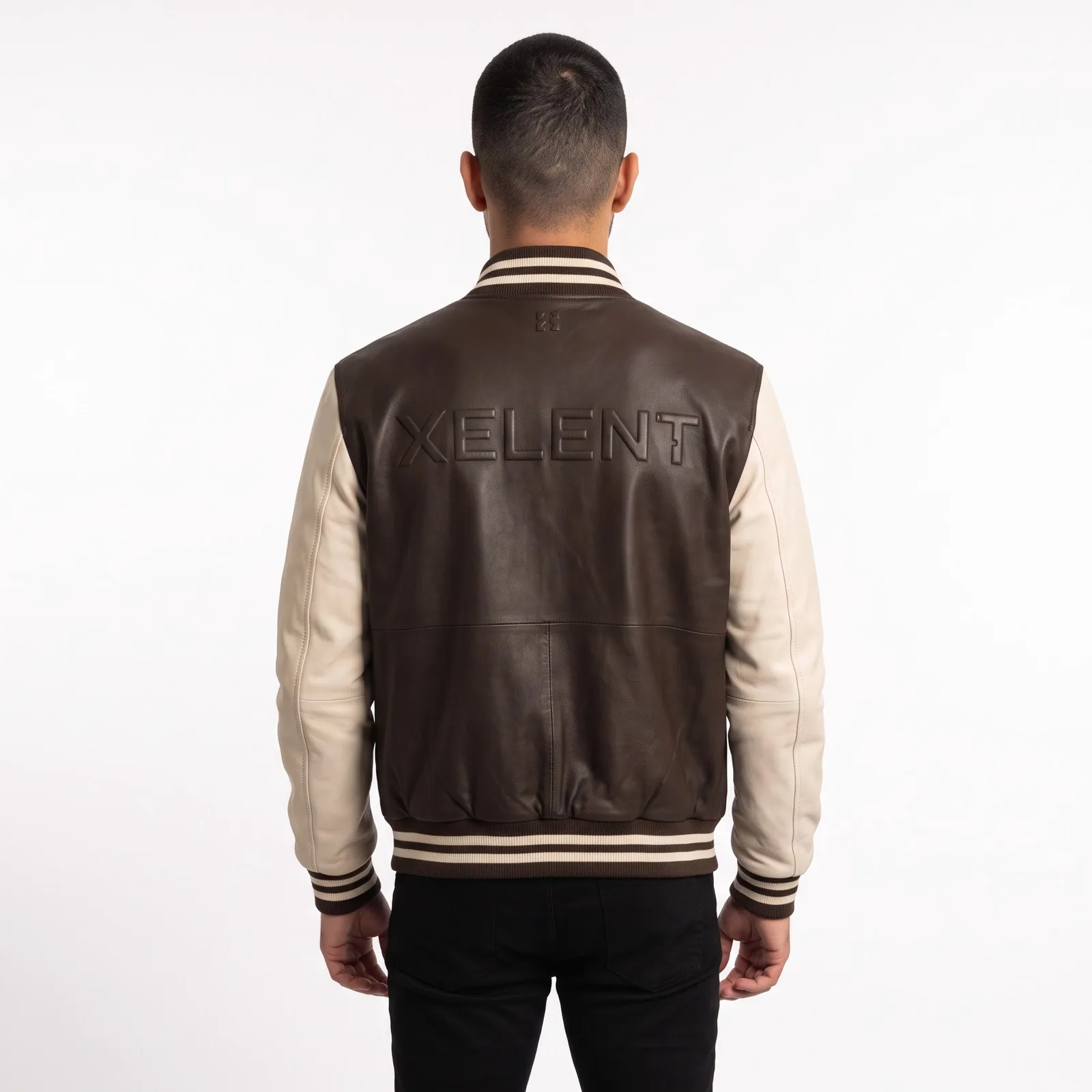 Varsity Jacket Leather Sleeves All Leather Letterman Jacket Lambskin Rib Trims Custom Logo OEM Wholesale — back view
