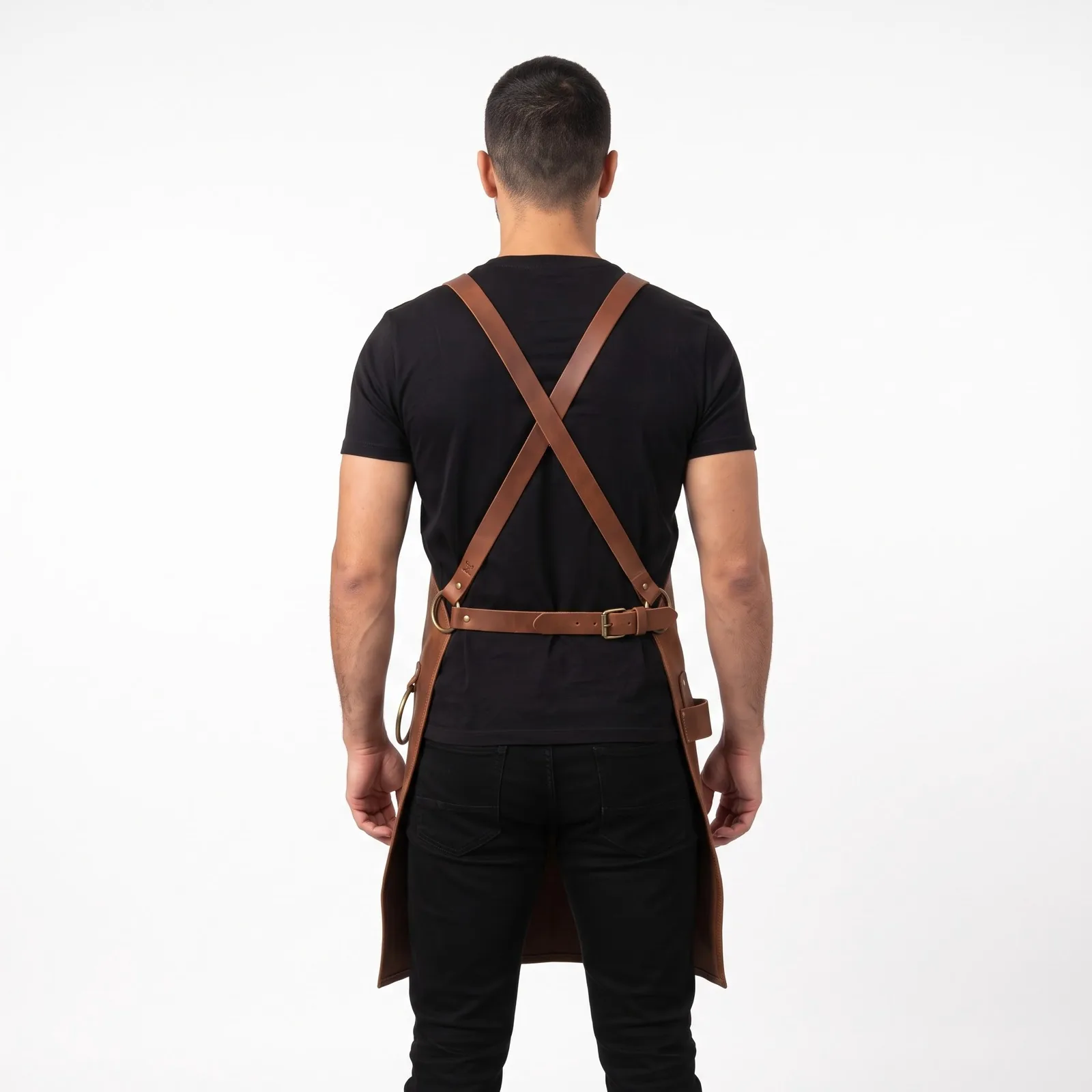 Full-Grain Maker's Woodworking Apron Cowhide Leather Pockets Custom Logo OEM Wholesale — back view