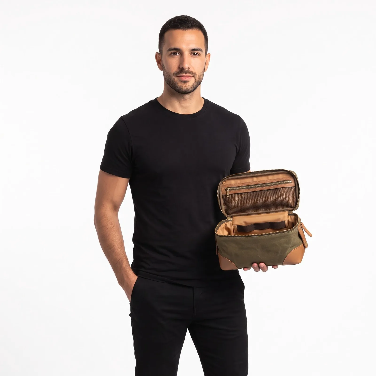 Waxed Canvas and Leather Dopp Kit Cowhide Leather Zip Pockets Custom Logo OEM Wholesale — front view