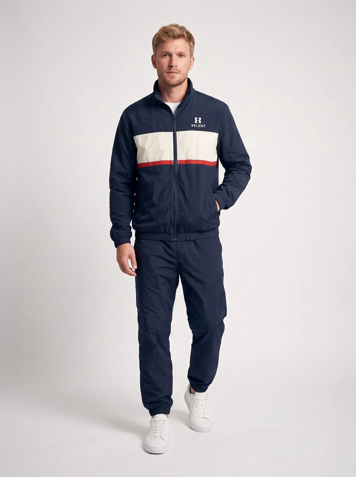 Navy and White Windbreaker Set, Custom Logo OEM Nylon Jacket and Pants Tracksuit, Unisex Manufacturer — front view