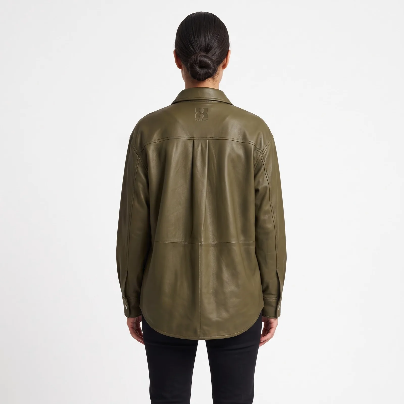 Women Leather Overshirt Lambskin Snap Front Chest Pockets Genuine Leather Shirt Custom Logo OEM Wholesale — back view
