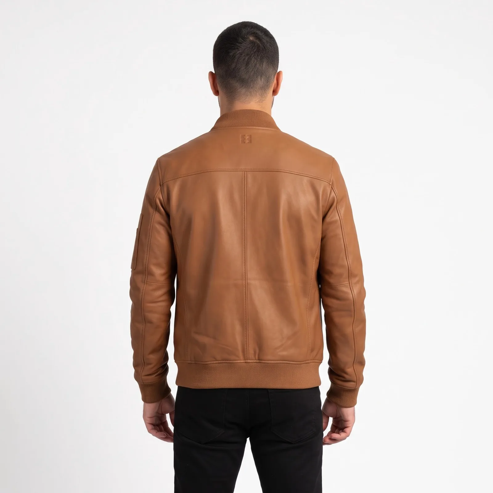 Leather Bomber Jacket Men Slim Lambskin Rib Collar Quilted Lining Genuine Leather Flight Jacket Custom Logo OEM — back view
