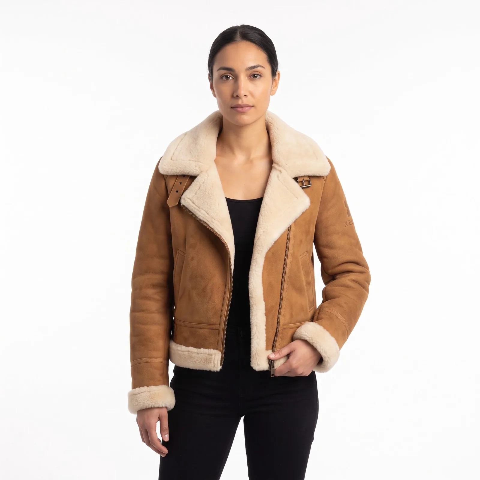 Women Shearling Leather Jacket Cropped Aviator Genuine Sheepskin Oversized Collar Custom Logo OEM Wholesale — front view