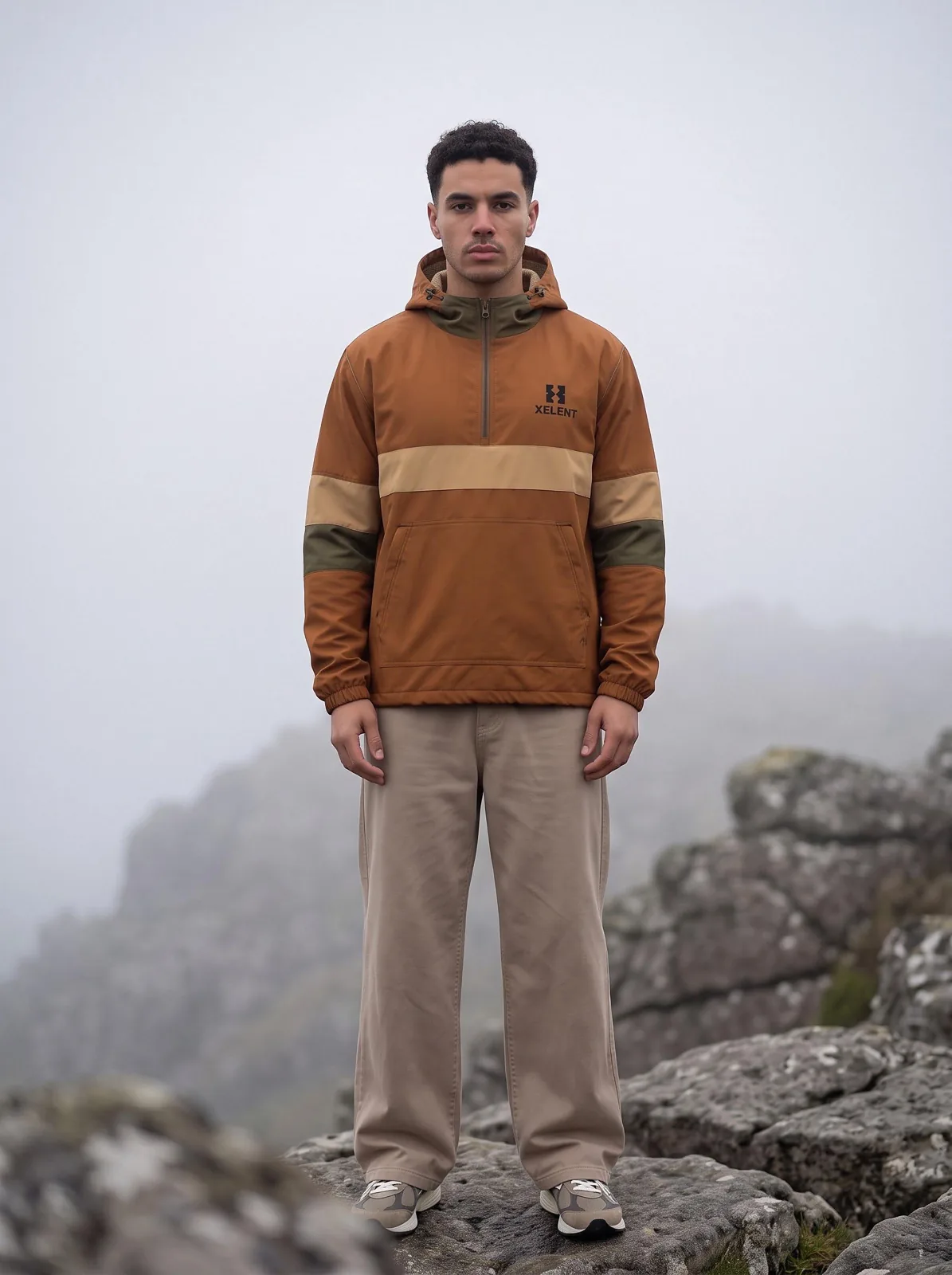 Tobacco and Camel Bubble Hem Anorak, Custom Logo OEM Ripstop Anorak, Unisex Streetwear Factory — front view