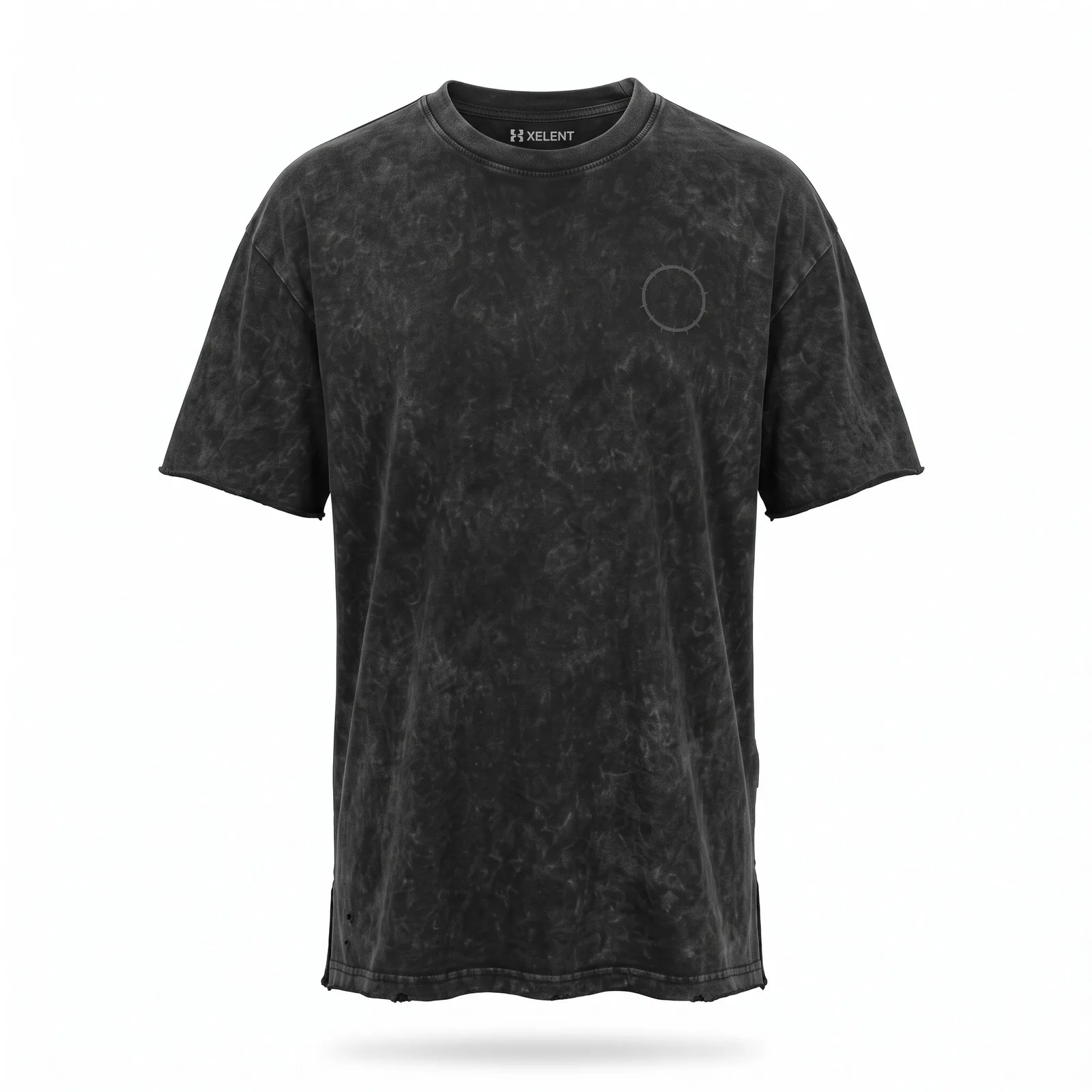 Custom Acid Wash T Shirt Long Line Oversized 240 GSM Raw Hem Distressed Black Streetwear Tee OEM Wholesale — front view