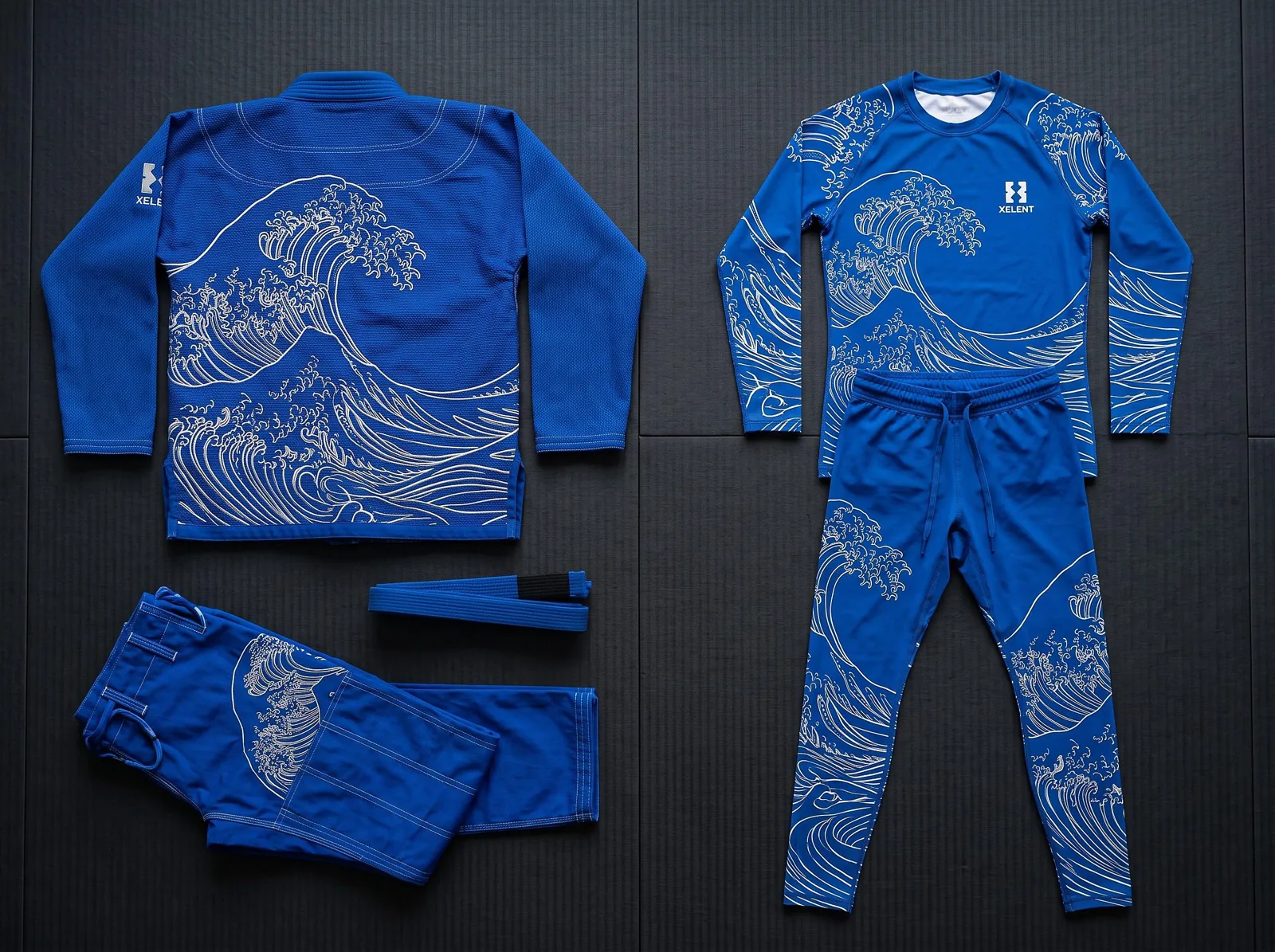 Blue Wave BJJ Gi and No Gi Set, Custom OEM Embroidered Gi plus Sublimated Rashguard and Spats, Wholesale — front view